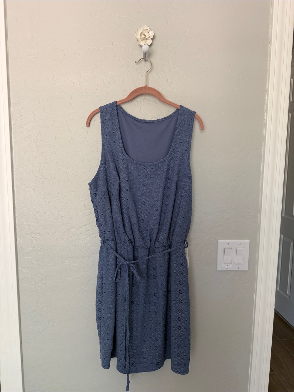 SHEIN Slate Blue Eyelet Tie-Waist Midi Dress
